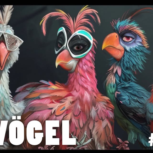 Sujet 2024: Schräge Vögel — Illustration von drei bunten Vögeln mit Sonnenbrillen